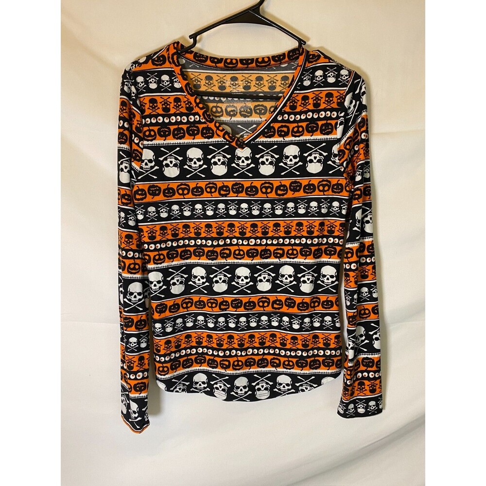 Halloween Skulls Long Sleeve Top Women's Large Orange Black